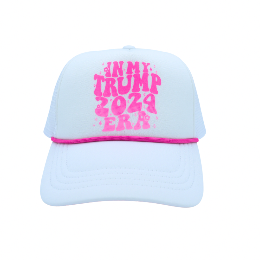 "In My Trump 2024 Era" Hot Pink Trucker Hat with Pink Cord | Bold & Fun