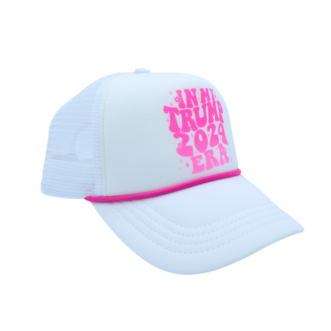 "In My Trump 2024 Era" Hot Pink Trucker Hat with Pink Cord | Bold & Fun